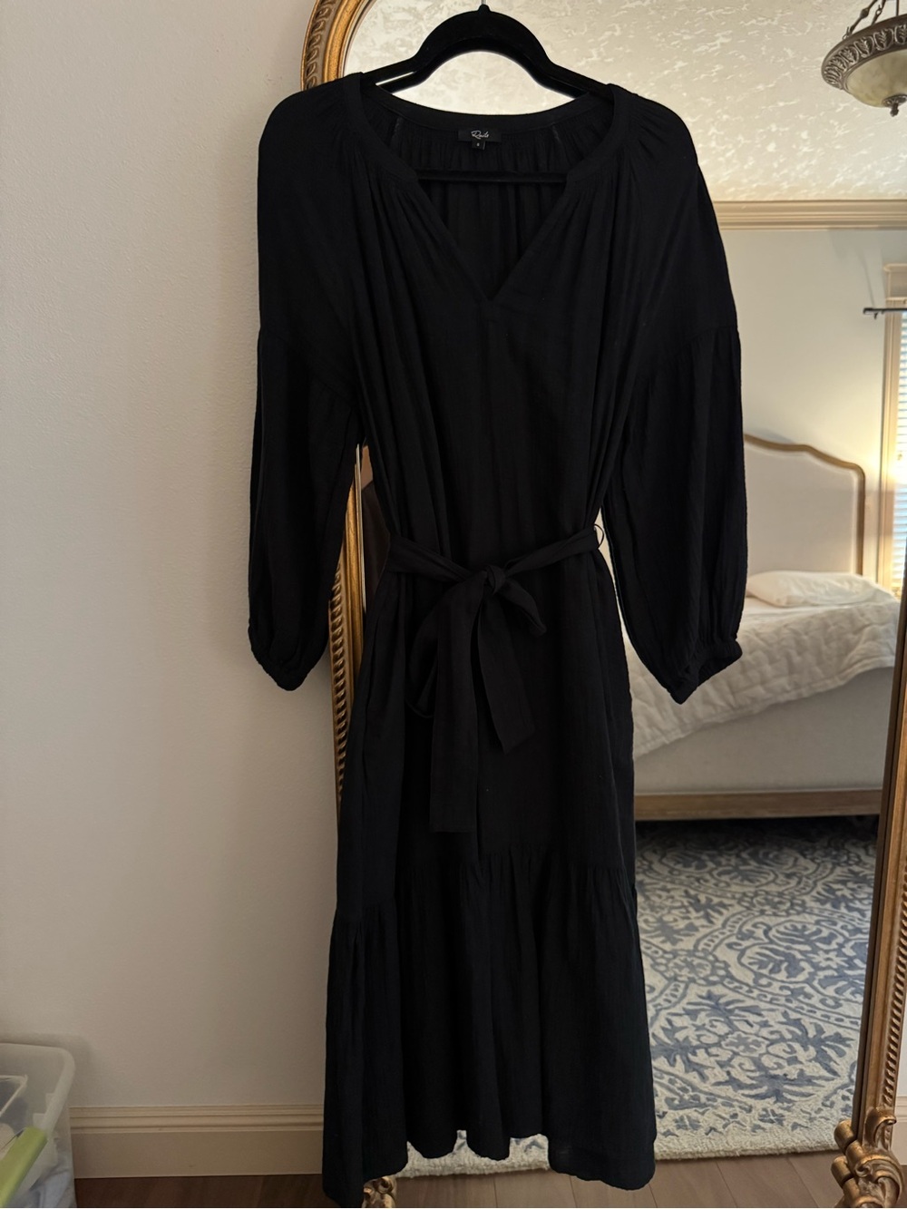 100% Organic Cotton Black Long Sleeve Tiered Midi Dress with Waist Tie